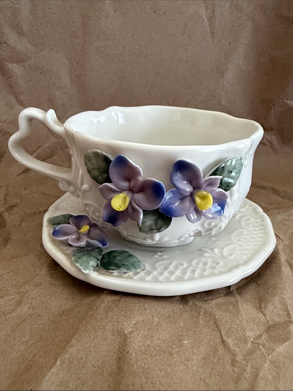 Porcelain White Teacup with Purple Floral Pansy Applique